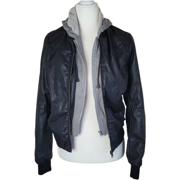 Miss Posh Faux Leather & Terry Black Gray Full Zip Hooded Jacket Size Medium - Picture 1 of 10